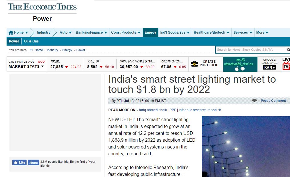 Economic Times Published Infoholic Research's report Smart Street Lighting Market in India