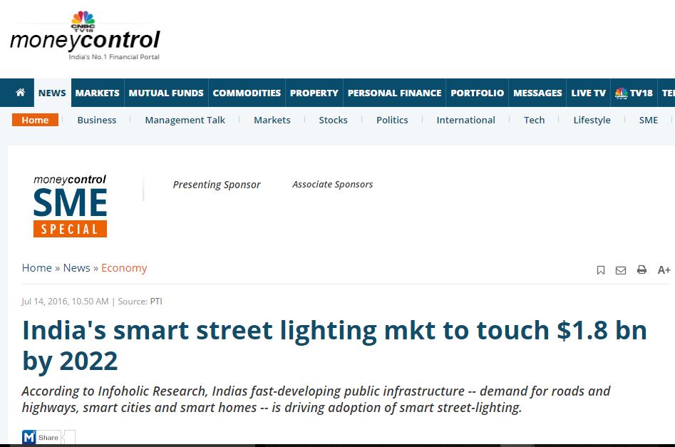 Money control published Infoholic Research's Report Smart Street Lighting Market in India